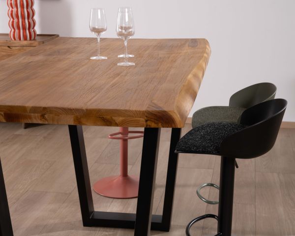 Table haute style atelier en teck recyclé massif “Lasia” avec piètement métal noir en U