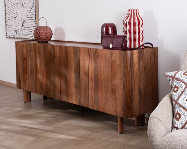 Buffet enfilade 4 portes 200 cm en manguier massif foncé "Malaké" style Japandi
