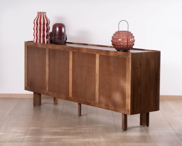 Buffet enfilade 4 portes 200 cm en manguier massif foncé "Malaké" style Japandi