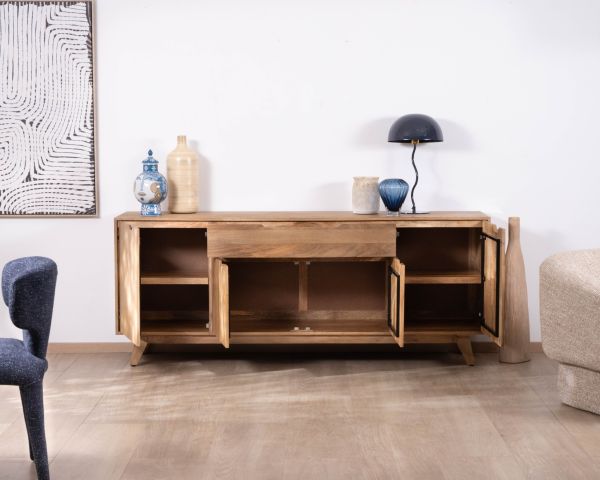 Enfilade 4 portes 200 cm en manguier teinte noyer clair "Elyka" style scandinave