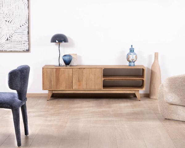 Meuble TV 170 cm en manguier massif  style scandinave "Elyka" avec double porte et niches