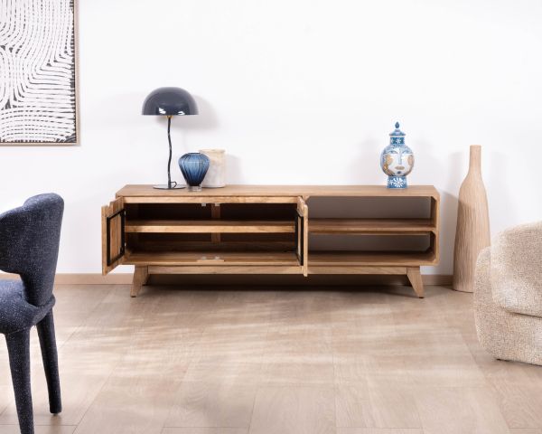Meuble TV 170 cm en manguier massif  style scandinave "Elyka" avec double porte et niches