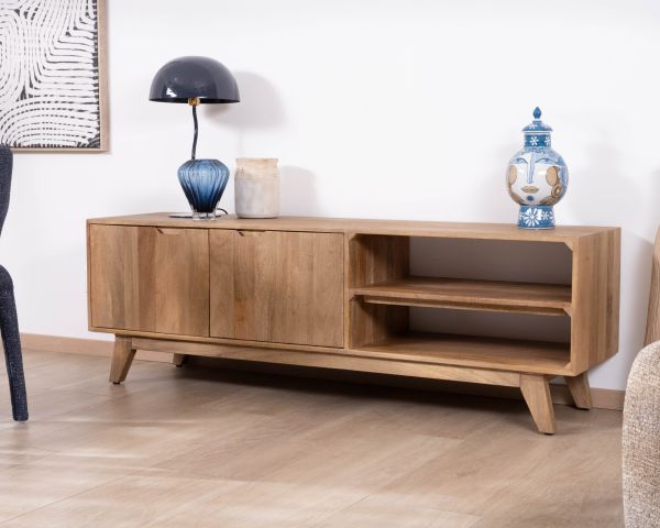 Meuble TV 170 cm en manguier massif  style scandinave "Elyka" avec double porte et niches