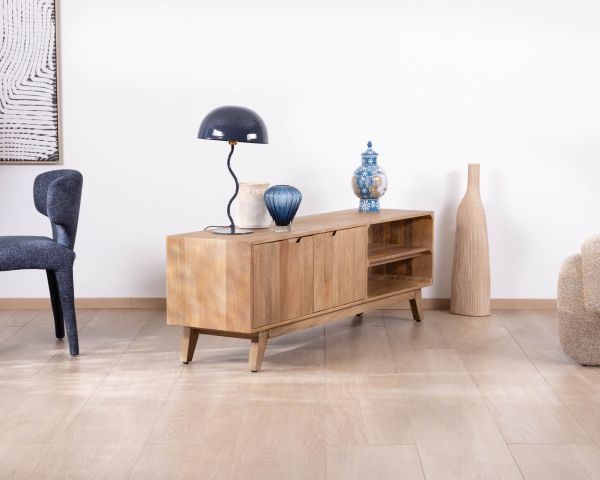 Meuble TV 170 cm en manguier massif  style scandinave "Elyka" avec double porte et niches
