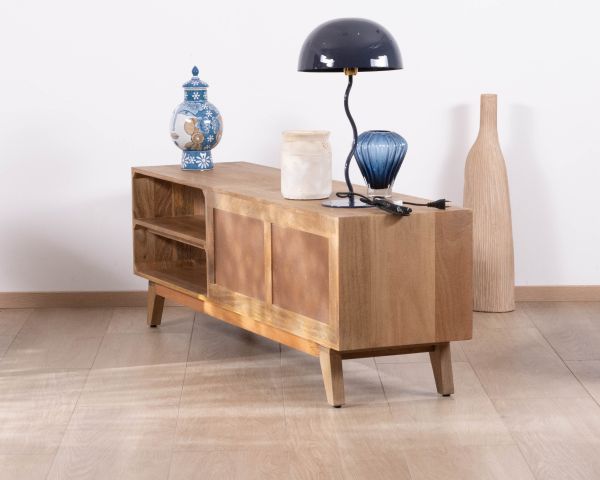 Meuble TV 170 cm en manguier massif  style scandinave "Elyka" avec double porte et niches