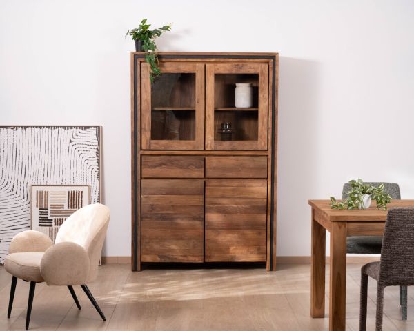 Vaisselier contemporain en teck recyclé et portes vitrées "Kayoa"