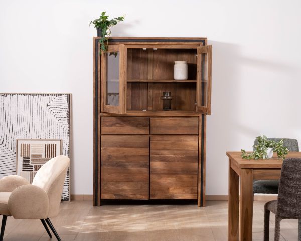 Vaisselier contemporain en teck recyclé et portes vitrées "Kayoa"