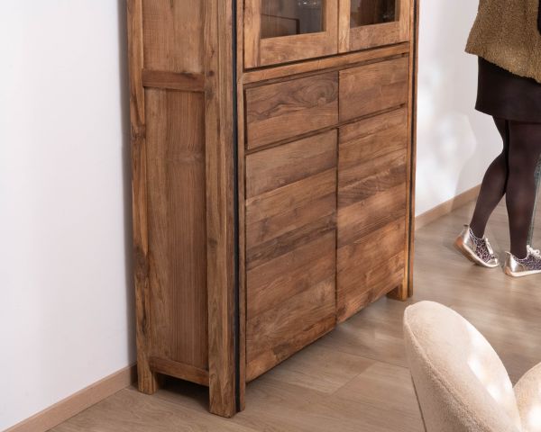 Vaisselier contemporain en teck recyclé et portes vitrées "Kayoa"