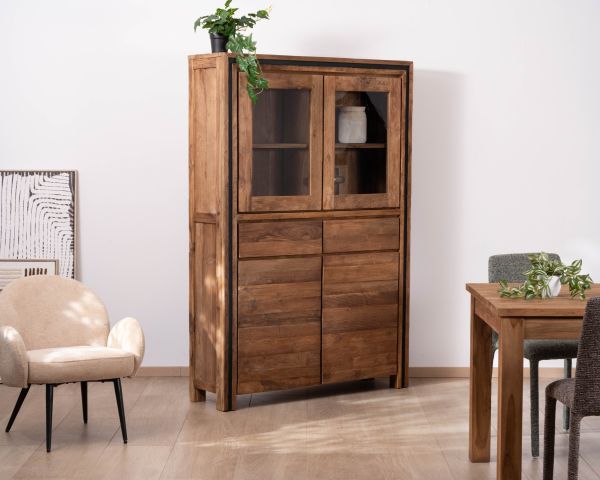 Vaisselier contemporain en teck recyclé et portes vitrées "Kayoa"