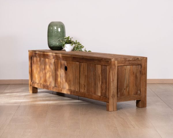 Meuble TV contemporain en teck 160 cm design graphique “Kayoa”