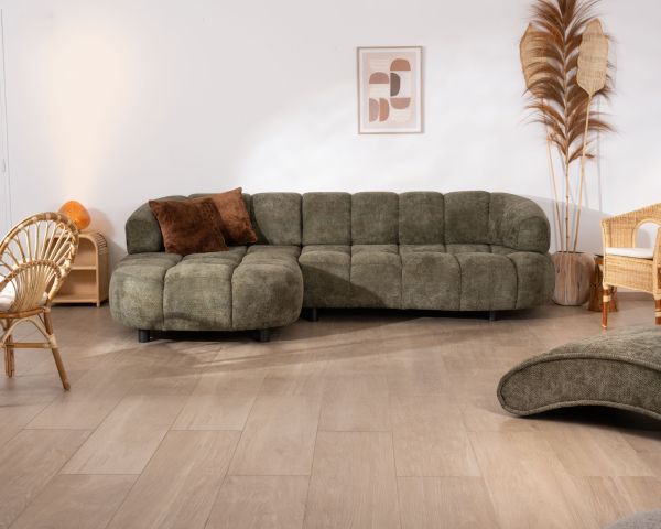 Canapé en tissu vert avec extension électrique et méridienne retour gauche "Syltan"