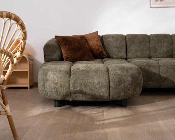 Canapé en tissu vert avec extension électrique et méridienne retour gauche "Syltan"