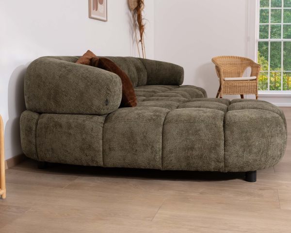 Canapé en tissu vert avec extension électrique et méridienne retour gauche "Syltan"