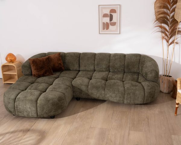 Canapé en tissu vert avec extension électrique et méridienne retour gauche "Syltan"