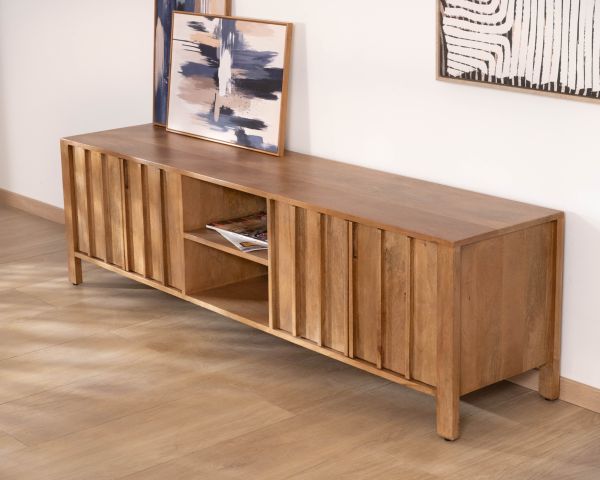 Meuble TV rétro-chic en manguier massif naturel 180 cm « Sicaly »