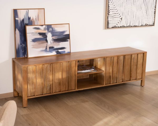Meuble TV rétro-chic en manguier massif naturel 180 cm « Sicaly »