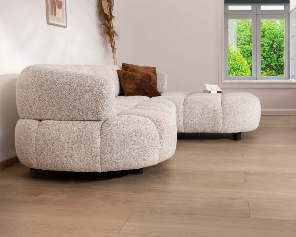 Canapé avec assise électrique et méridienne à droite "Syltan" tissu blanc cassé tramé