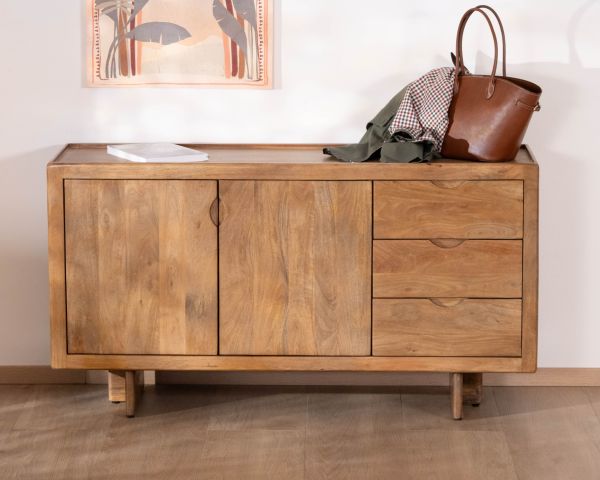 Buffet rétro en manguier massif avec tiroirs finition naturelle "Odely" 150 cm
