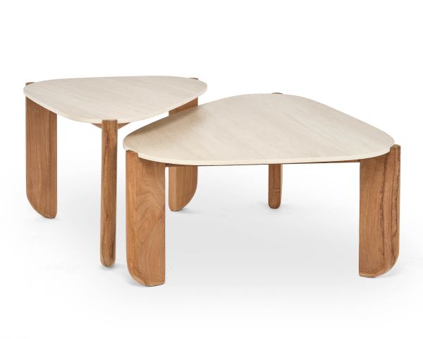 Table basse forme organique en teck massif et plateau céramique effet travertin "Osten"