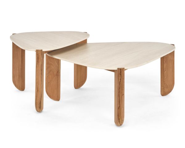 Table basse forme organique en teck massif et plateau céramique effet travertin "Osten"