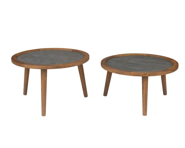 Duo de tables basses esprit rétro "Netty" plateaux placage pierre
