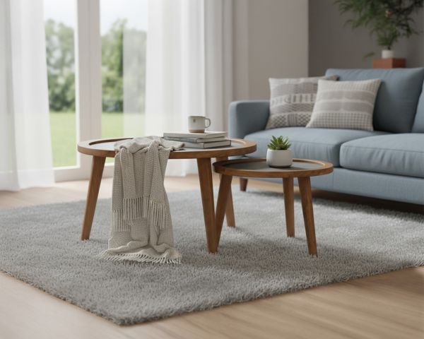 Duo de tables basses esprit rétro "Netty" plateaux placage pierre