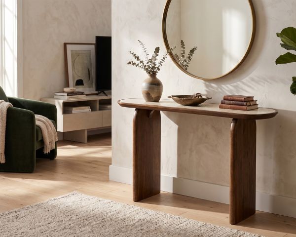 Console en bois foncé design organique "Netty" avec plateau effet travertin