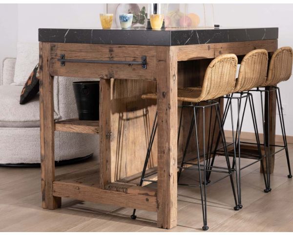  Billot de cuisine en teck recyclé et plateau marbre noir "Grana"