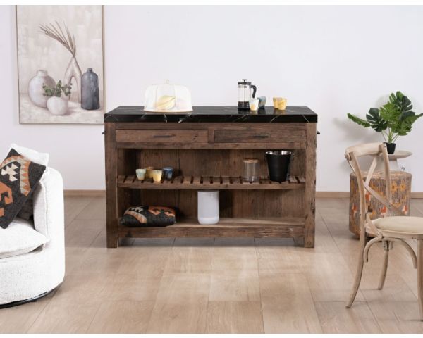  Billot de cuisine en teck recyclé et plateau marbre noir "Grana"