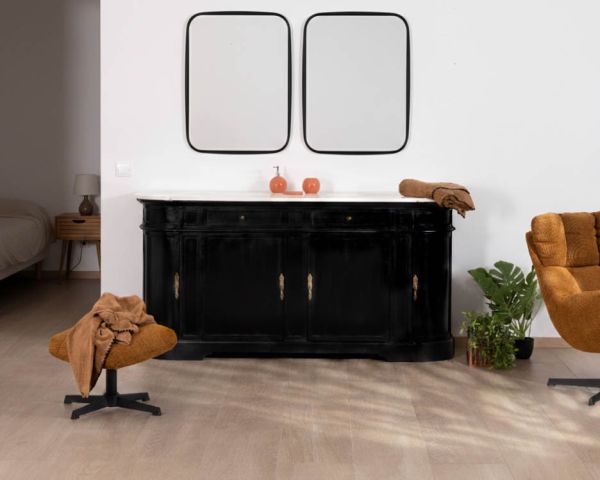 Meuble double vasque coins arrondis bois noir quartz blanc "Églantine"