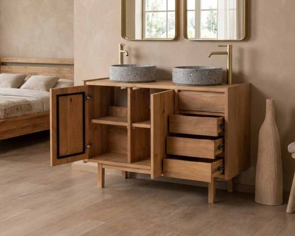 Meuble sous vasque 120 cm avec portes et tiroirs "Kahiko" en manguier teinte chêne clair