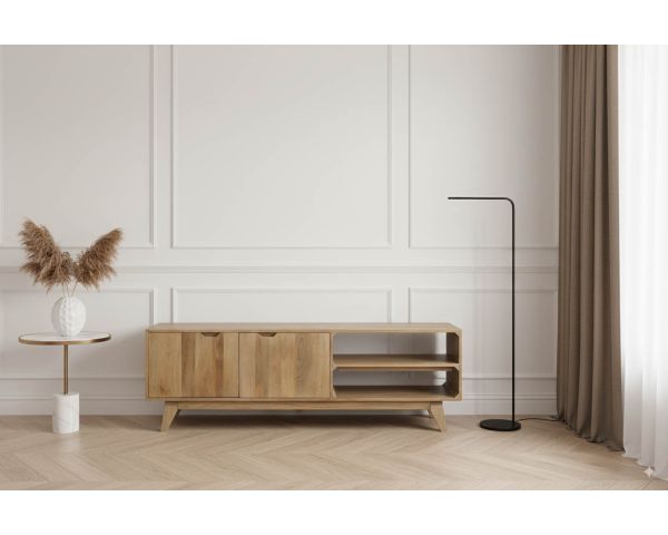Meuble TV 170 cm en manguier massif  style scandinave "Elyka" avec double porte et niches