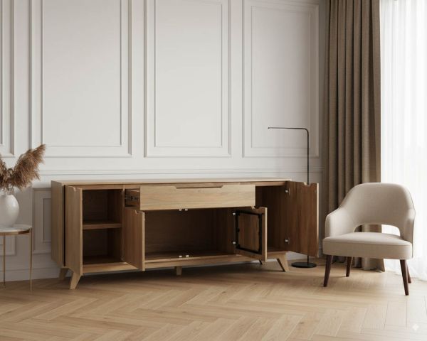 Enfilade 4 portes 200 cm en manguier teinte noyer clair "Elyka" style scandinave