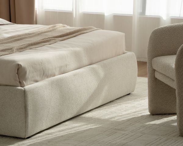 Cadre de lit 160 cm matelassé en tissu doux blanc tramé "Sweet Culture" formes organiques