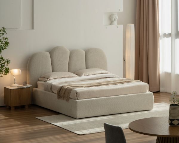 Cadre de lit 160 cm matelassé en tissu doux blanc tramé "Sweet Culture" formes organiques