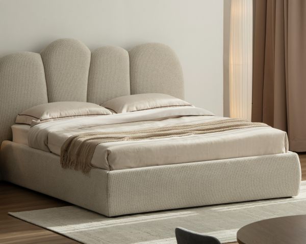 Cadre de lit 160 cm matelassé en tissu doux blanc tramé "Sweet Culture" formes organiques