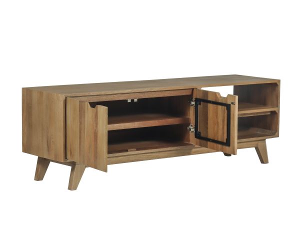 Meuble TV 170 cm en manguier massif  style scandinave "Elyka" avec double porte et niches
