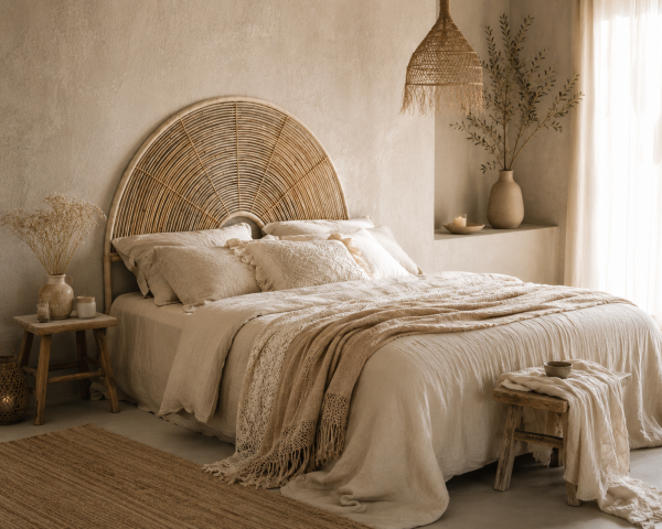 Tête de lit style ethnique en rotin "Solira" forme arrondie 160 cm