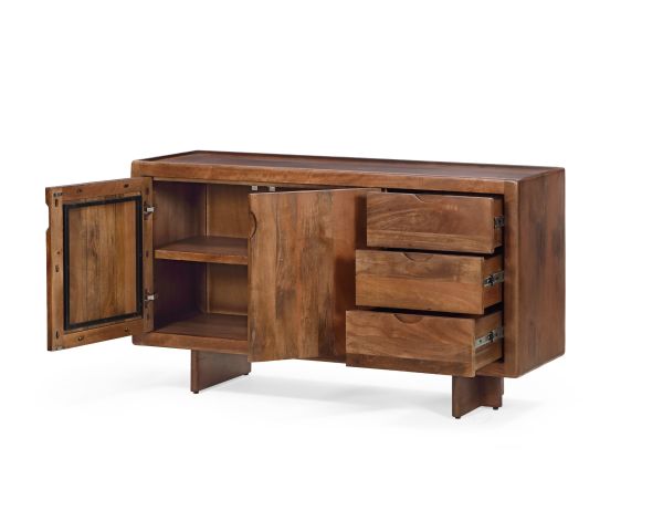 Bahut rétro 3 portes en manguier massif teinte noyer "Odessa" 150 cm