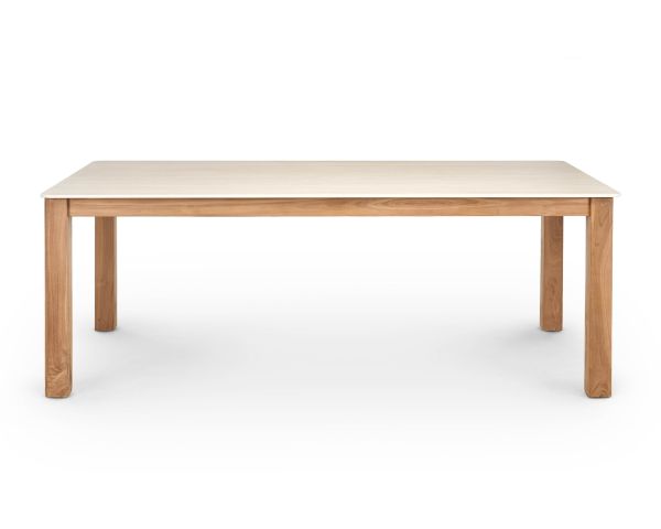 Table de repas esprit campagne chic "Arvik" en teck massif et céramique effet travertin 160 cm