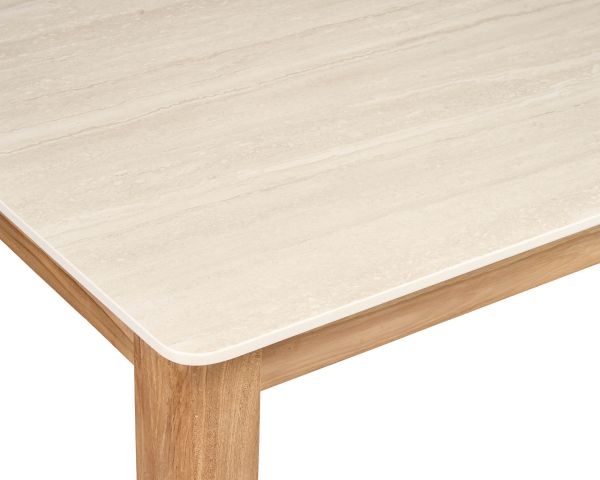 Table de repas esprit campagne chic "Arvik" en teck massif et céramique effet travertin 160 cm