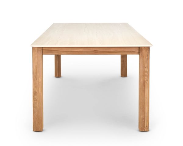 Table de repas esprit campagne chic "Arvik" en teck massif et céramique effet travertin 160 cm