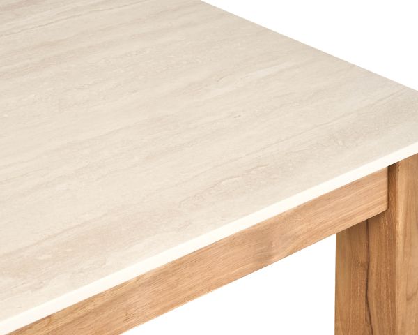 Table à manger 200 cm esprit campagne chic "Arvik" en teck massif et céramique effet travertin