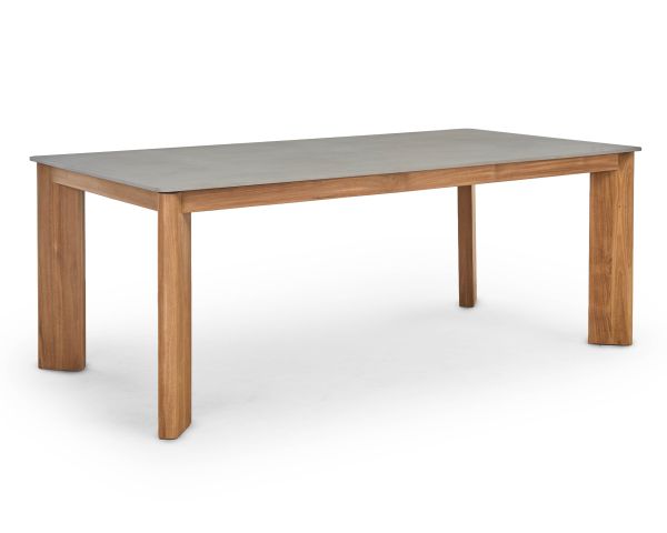 Table de repas 200 cm plateau céramique gris effet béton "Merik" en teck massif
