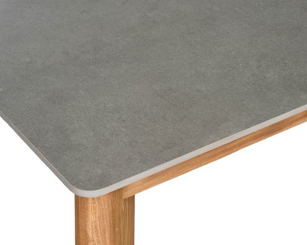 Table de repas 200 cm plateau céramique gris effet béton "Merik" en teck massif
