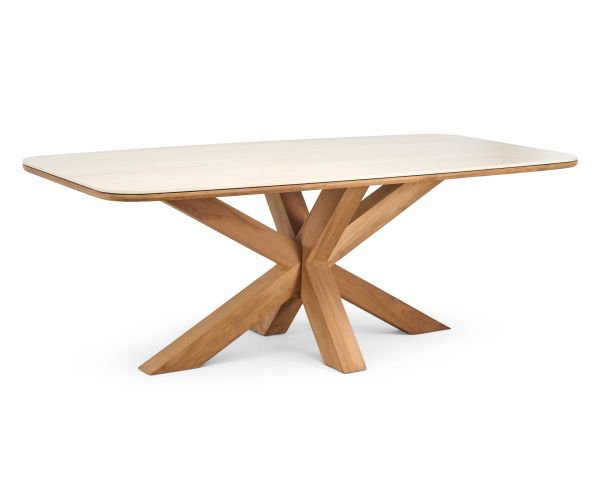 Table de jardin 200 cm en teck massif avec plateau céramique effet travertin "Avenor" piètement étoile