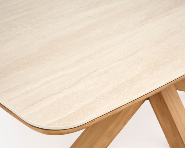 Table de jardin 200 cm en teck massif avec plateau céramique effet travertin "Avenor" piètement étoile