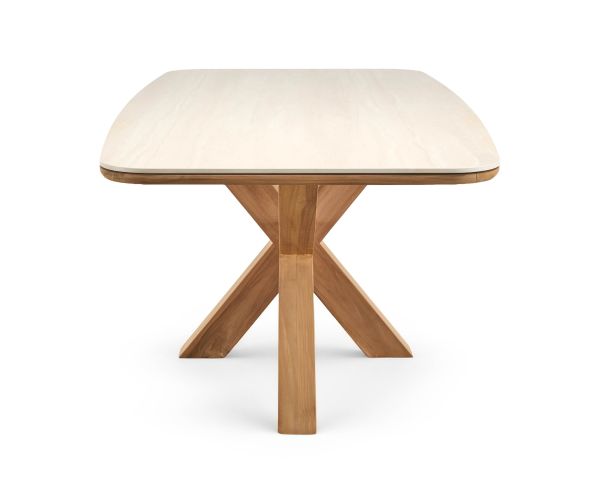 Table de jardin 240 cm en teck massif plateau céramique effet travertin "Avenor" piètement étoile