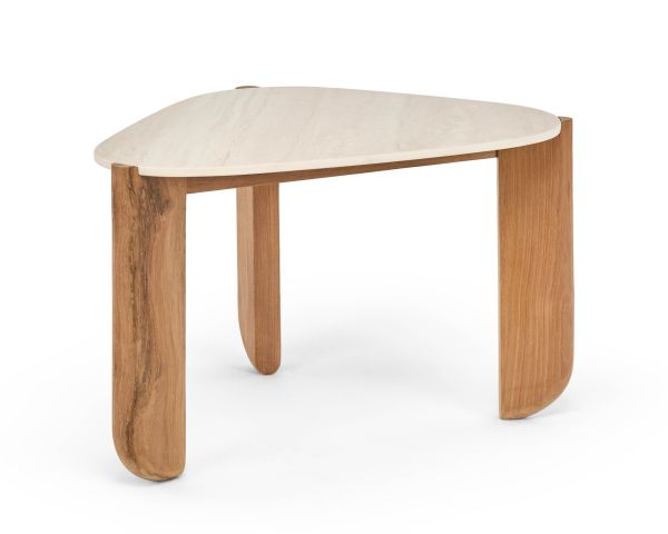 Table basse forme organique en teck massif et plateau céramique effet travertin "Osten"