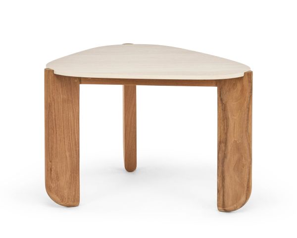Table basse forme organique en teck massif et plateau céramique effet travertin "Osten"
